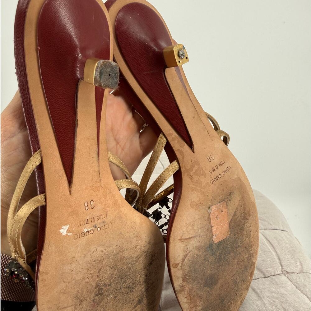 Giuseppe Zanotti Kitten Heel Thong Sandals Rhinestone Mesh Straps Gold Red 38 - Picture 6 of 7